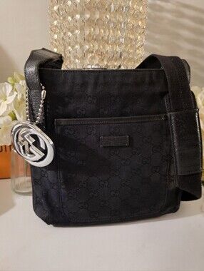 Gucci Black Monogram Crossbody Bag with Silver Logo Charm